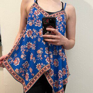 Jealous Tomato Handkerchief Blue Orange Floral Top